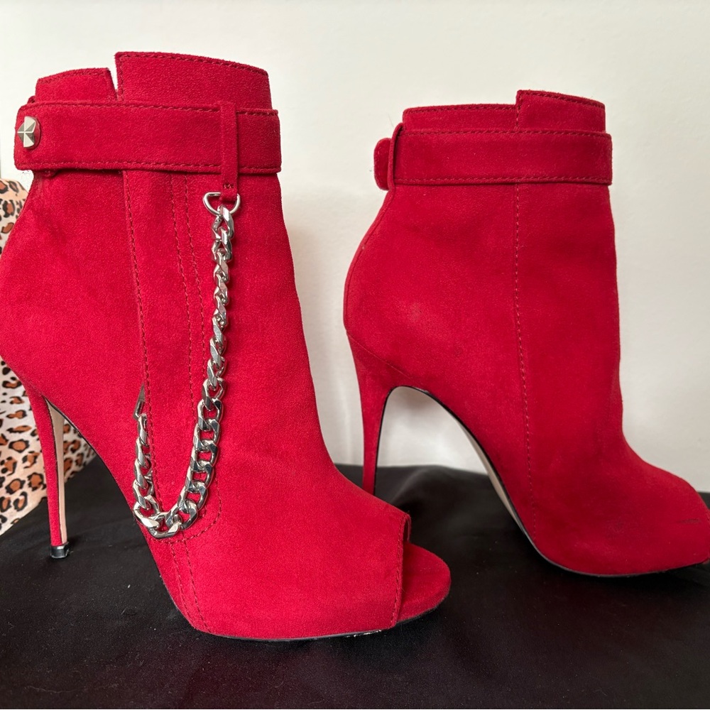 Guess Red Suede Heeled Boots with Chain Detail